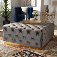 Baxton Studio TSF-6690-Grey/Gold-Otto Verene Glam and Luxe Grey Velvet Fabric Upholstered Gold Finished Square Cocktail Ottoman